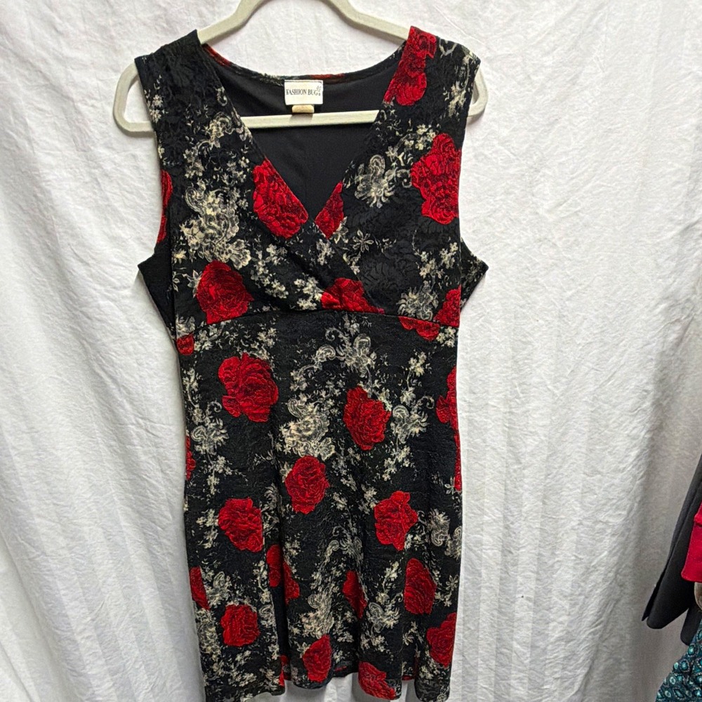 Fashion Bug 14 Black Red Floral Lace Overlay V-Neck Sleeveless Zip Dress Y2K